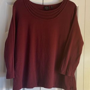 Women's Rafaella Top Maroon Red 3/4 Sleeve 100 Cotton Semi Sheer Collar Sz XL